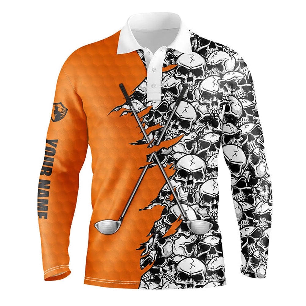 Men’s Golf Tops Polo Orange Pattern Halloween Skull Golf Clubs Custom Golf Performance Shirts For Men, Golf Polo Shirt, Golf Shirts