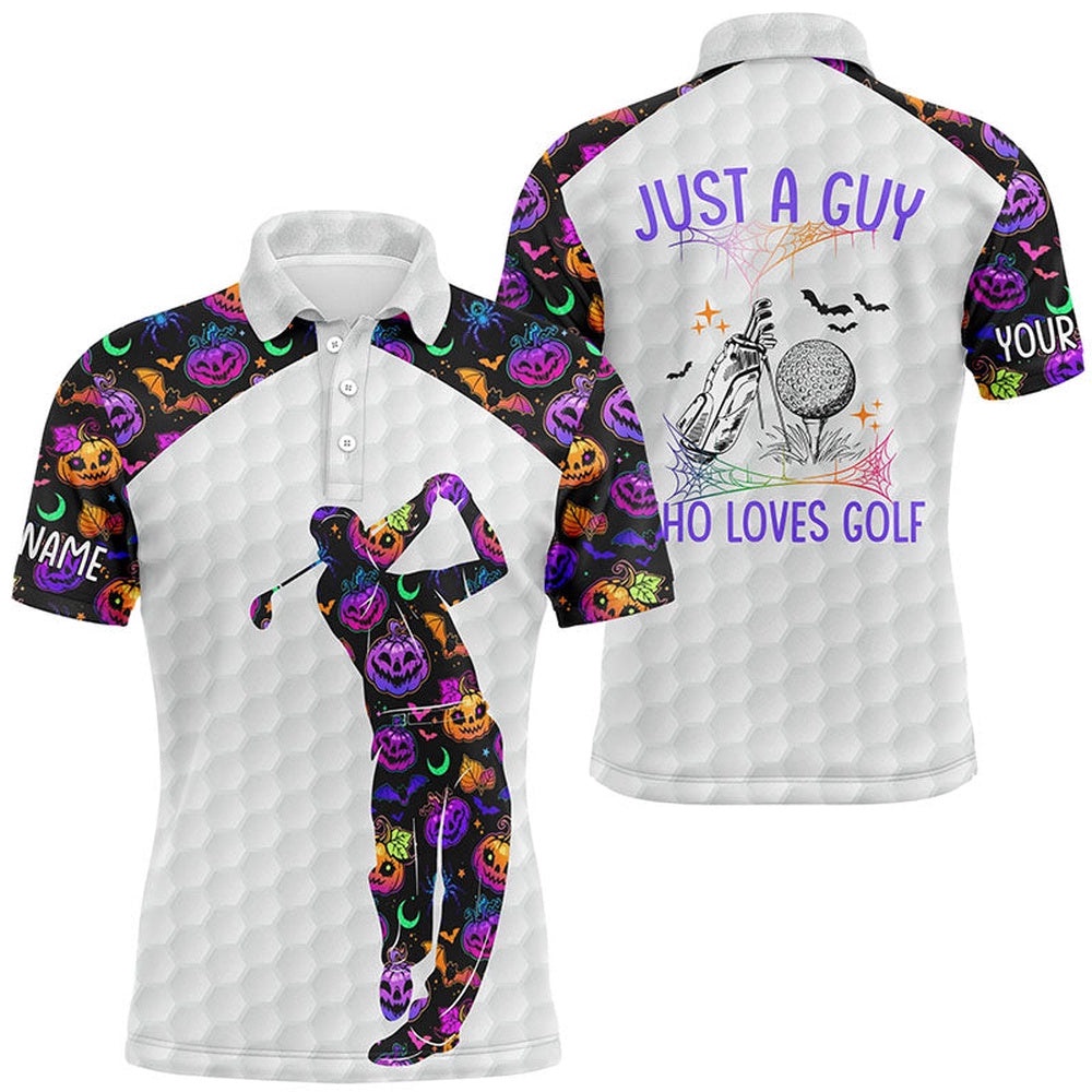 Men’s Halloween Golf Shirt, Multicolored Pumpkins And Bats Golf Shirts For Men, Halloween Golf Gifts, Golf Polo Shirt, Golf Shirts