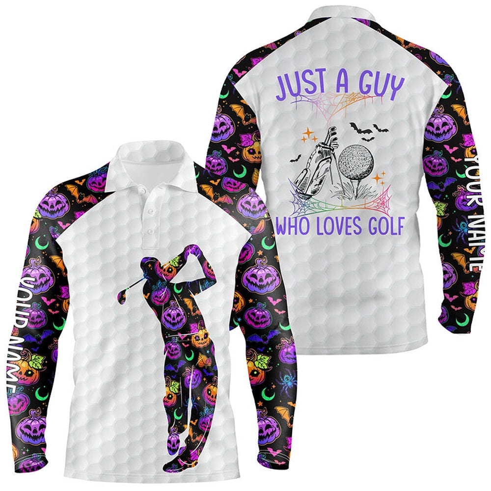 Men’s Halloween Golf Shirt, Multicolored Pumpkins And Bats Golf Shirts For Men, Halloween Golf Gifts, Golf Polo Shirt, Golf Shirts
