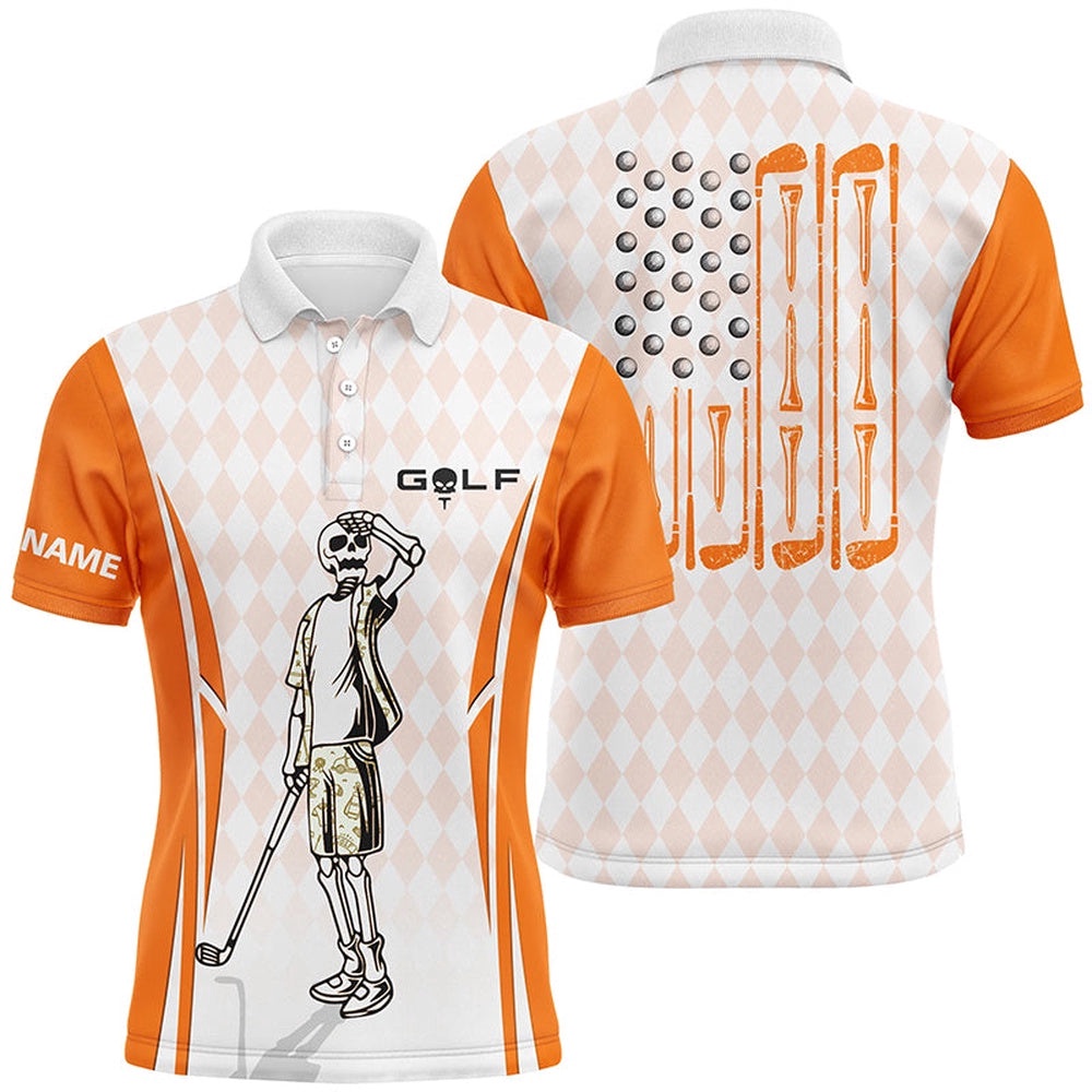 Men’s Orange Argyle American Flag Patriotic Golf Polo Shirts Custom Skull Golf Shirts For Men, Golf Polo Shirt, Golf Shirts