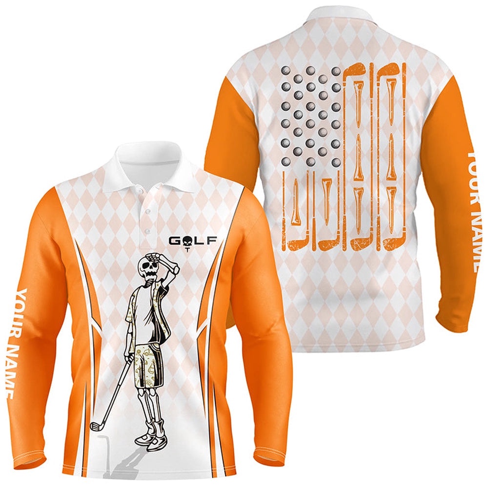 Men’s Orange Argyle American Flag Patriotic Golf Polo Shirts Custom Skull Golf Shirts For Men, Golf Polo Shirt, Golf Shirts