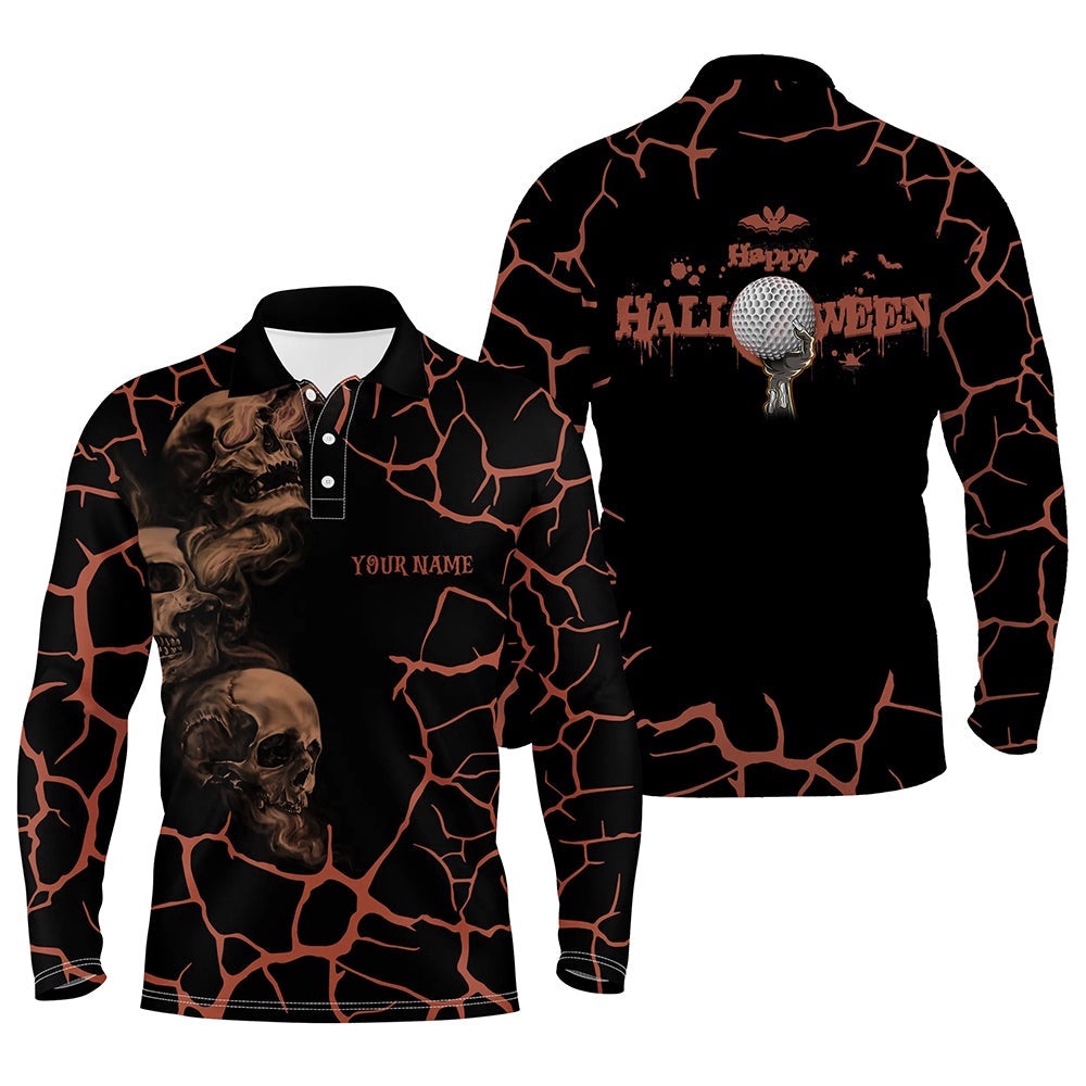 Men’s Orange Happy Halloween Skull Golf Polo Shirts Spooky Halloween Golf Gift Idea For Men, Golf Polo Shirt, Golf Shirts