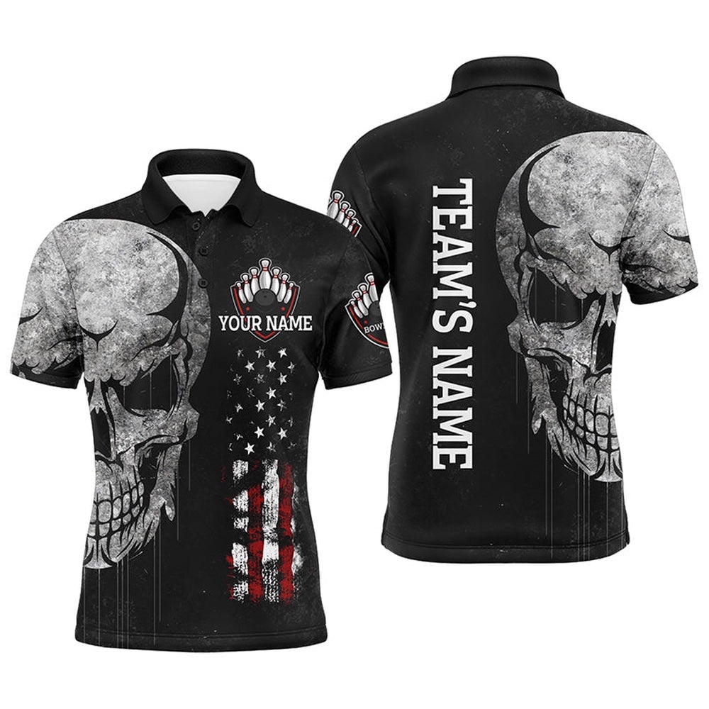 Men’s Skull Polo Bowling Shirt, Patriotic Custom Name Men Bowlers Polo Shirt American Flag, Personalized Bowling Team Shirt