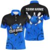 Mens Bowling Polo Shirts Custom Black And Blue Retro Bowling Team League Polo Shirt, Gifts For Bowlers, Personalized Bowling Team Shirt