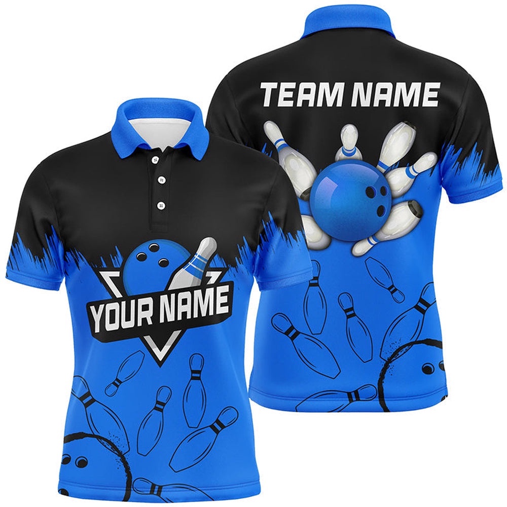 Mens Bowling Polo Shirts Custom Black And Blue Bowling Team League Polo Shirt For Bowlers, Personalized Bowling Team Shirt