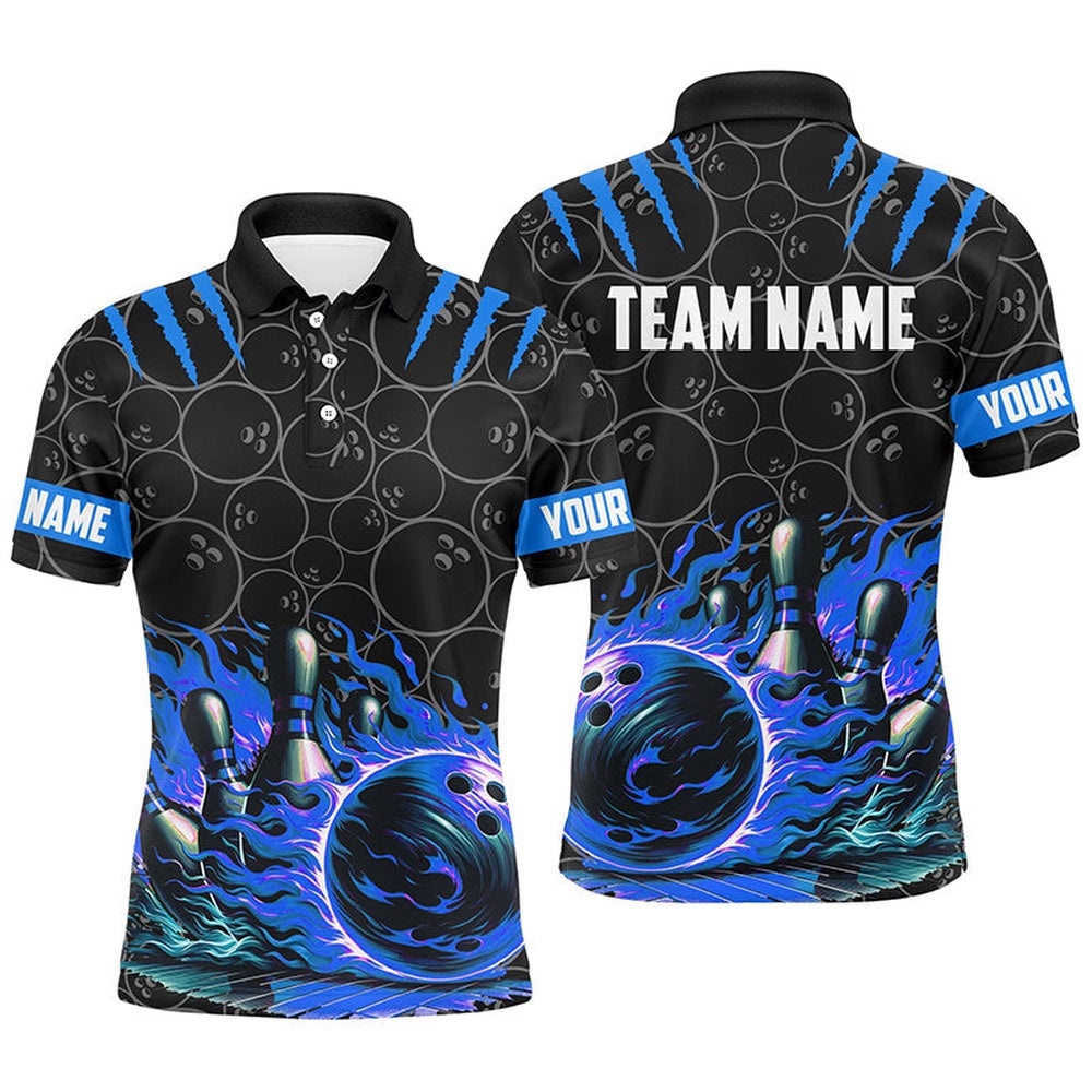 Mens Bowling Polo Shirts Custom Black Blue Flame Bowling Shirt, Bowling Team Polo Shirt Gift For Bowlers, Personalized Bowling Team Shirt