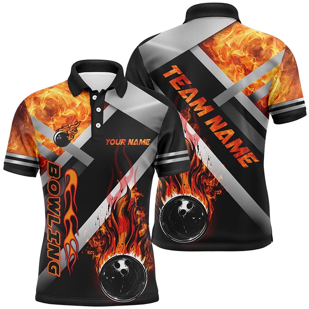 Mens Bowling Polo Shirts Custom Black Bowling Ball Flame Bowling Team League Polo Shirt, Gift For Bowlers, Personalized Bowling Team Shirt