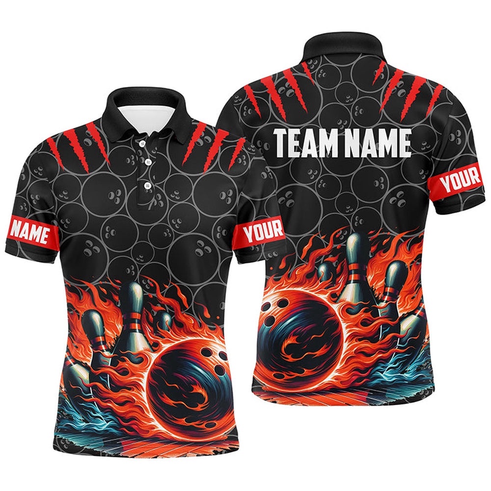 Mens Bowling Polo Shirts Custom Black Red Flame Bowling Shirt, Bowling Team Polo Shirt Gift For Bowlers, Personalized Bowling Team Shirt
