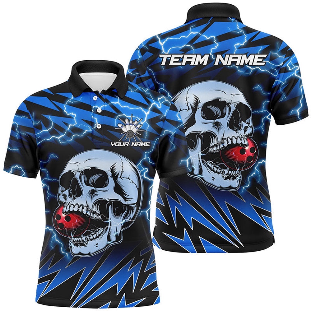Mens Bowling Polo Shirts Custom Blue Lightning Thunder Skull Bowling Team Polo Shirt, Gift For Bowlers, Personalized Bowling Team Shirt