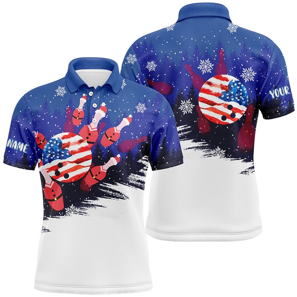 Mens Bowling Polo Shirts Custom Christmas Bowling Santa Pins American Flag Team Mens Blue Polo Shirt, Personalized Bowling Team Shirt
