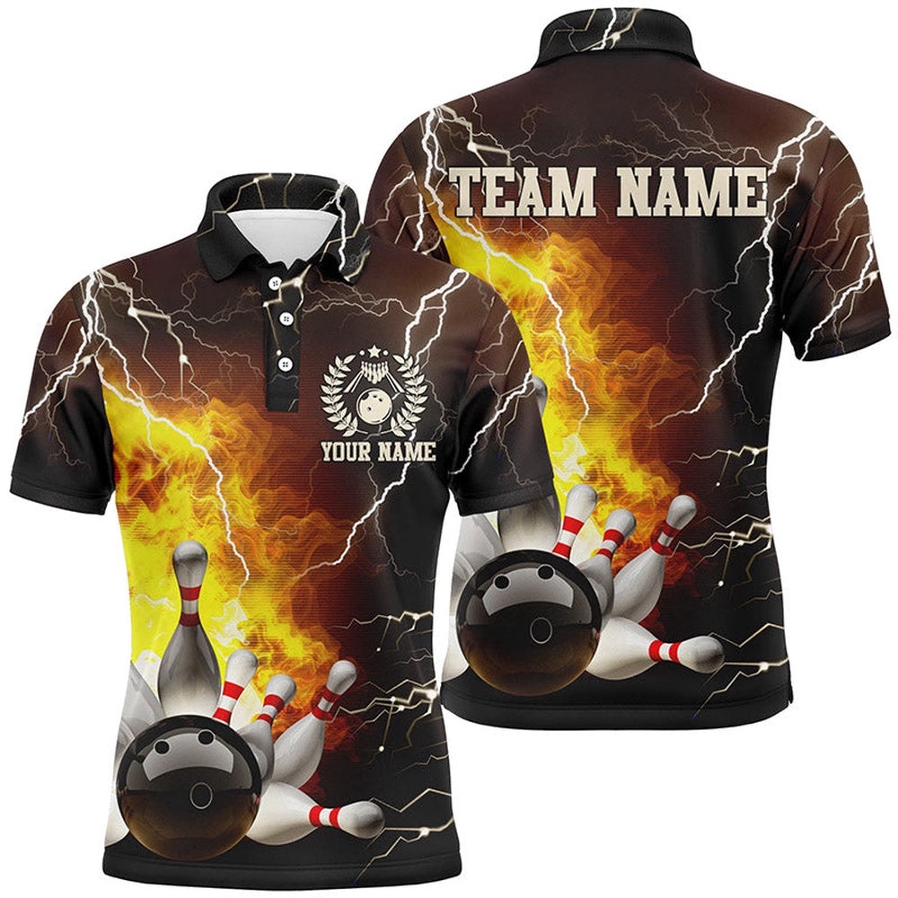 Mens Bowling Polo Shirts Custom Flame Lightning Thunder Bowling Team Polo Shirt, Bowling Team League Shirt, Personalized Bowling Team Shirt