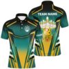 Mens Bowling Polo Shirts Custom Green And Blue Bowling Camo Pattern Black Bowling Team League Polo Shirt, Personalized Bowling Team Shirt