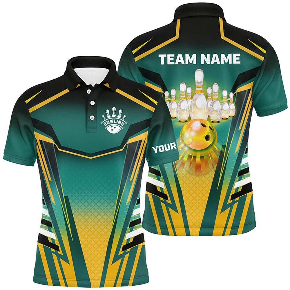 Mens Bowling Polo Shirts Custom Green And Yellow Bowling Ball Pins Team Polo Shirt Bowling Apparel, Personalized Bowling Team Shirt