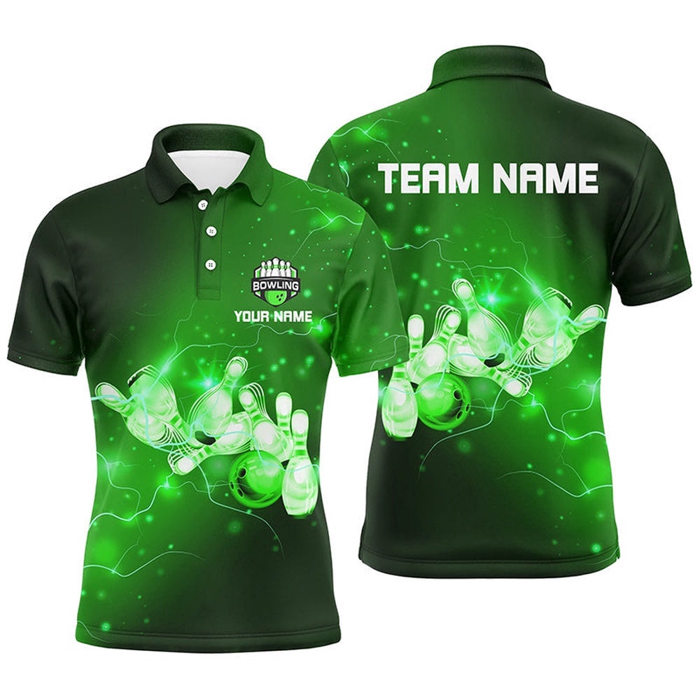 Mens Bowling Polo Shirts Custom Green Flashes Of Lightning Thunder Bowling Team Mens Bowler Polo Shirt, Personalized Bowling Team Shirt