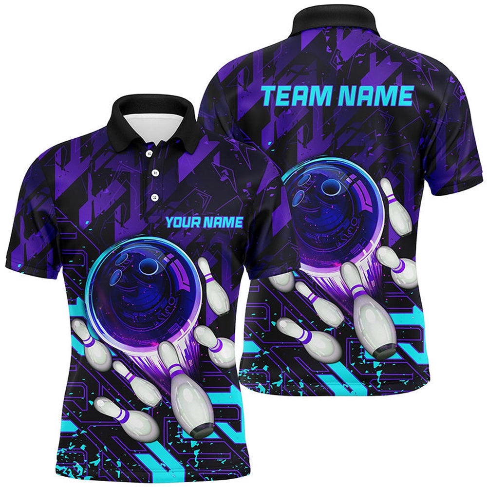 Mens Bowling Polo Shirts Custom Purple Blue Abstract Bowling Team League Polo Shirt, Personalized Bowling Team Shirt
