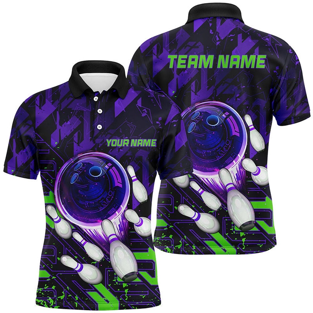 Mens Bowling Polo Shirts Custom Purple Green Abstract Bowling Team League Polo Shirt, Personalized Bowling Team Shirt
