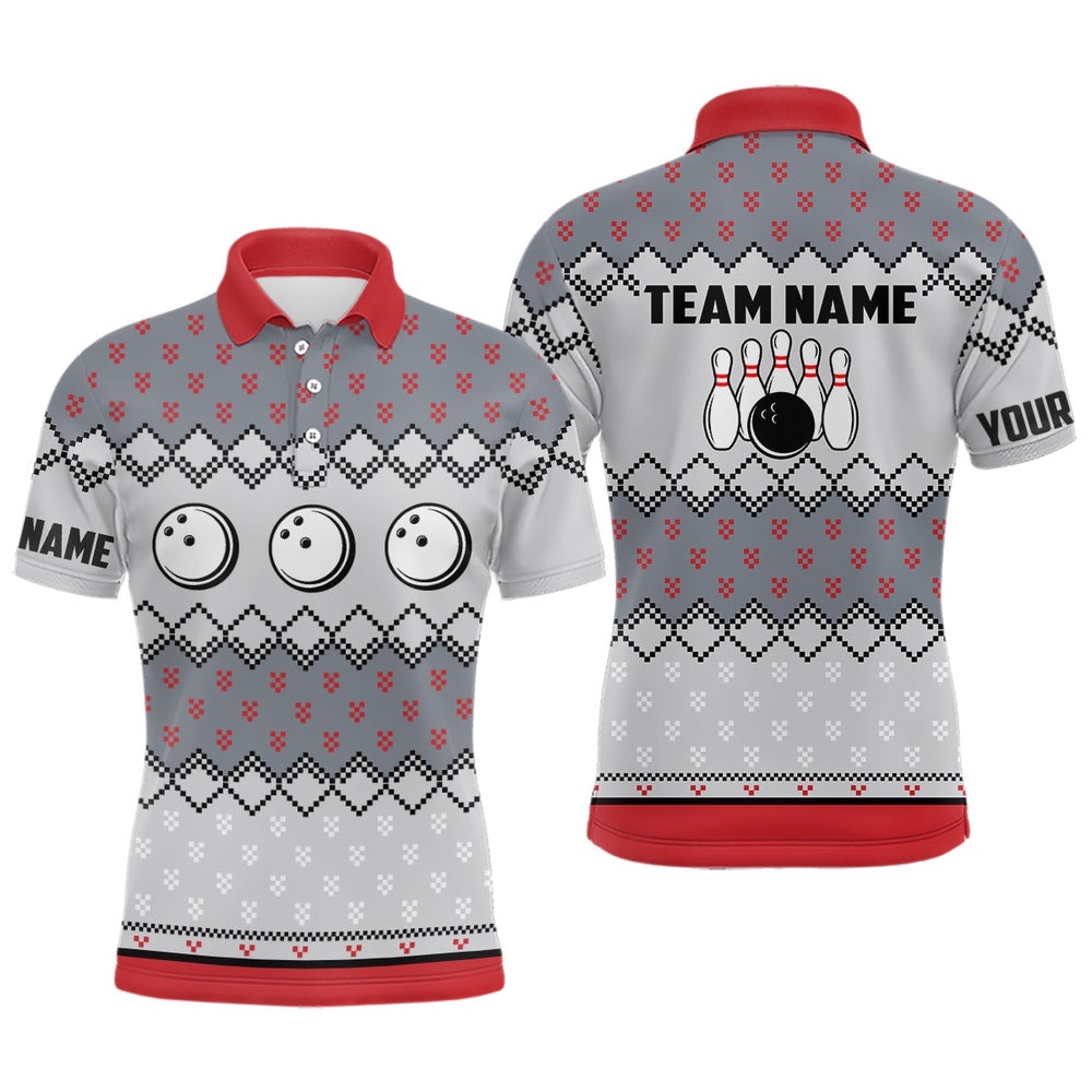 Mens Bowling Polo Shirts Custom Ugly Christmas Pattern Bowling Ball Pins Team Mens Polo Shirt, Personalized Bowling Team Shirt