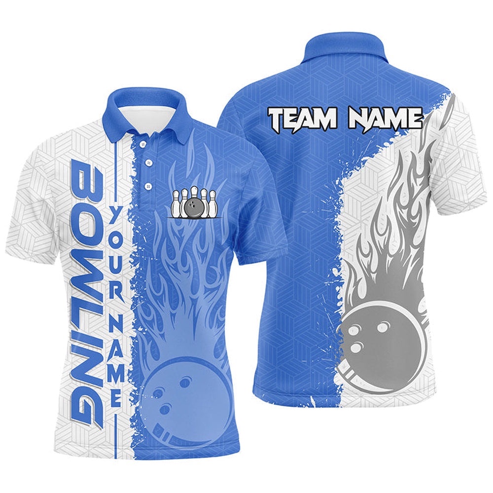 Mens Bowling Polo Shirts Custom White And Blue Flame Bowling Ball And Pins Bowling Team League Polo Shirt, Personalized Bowling Team Shirt