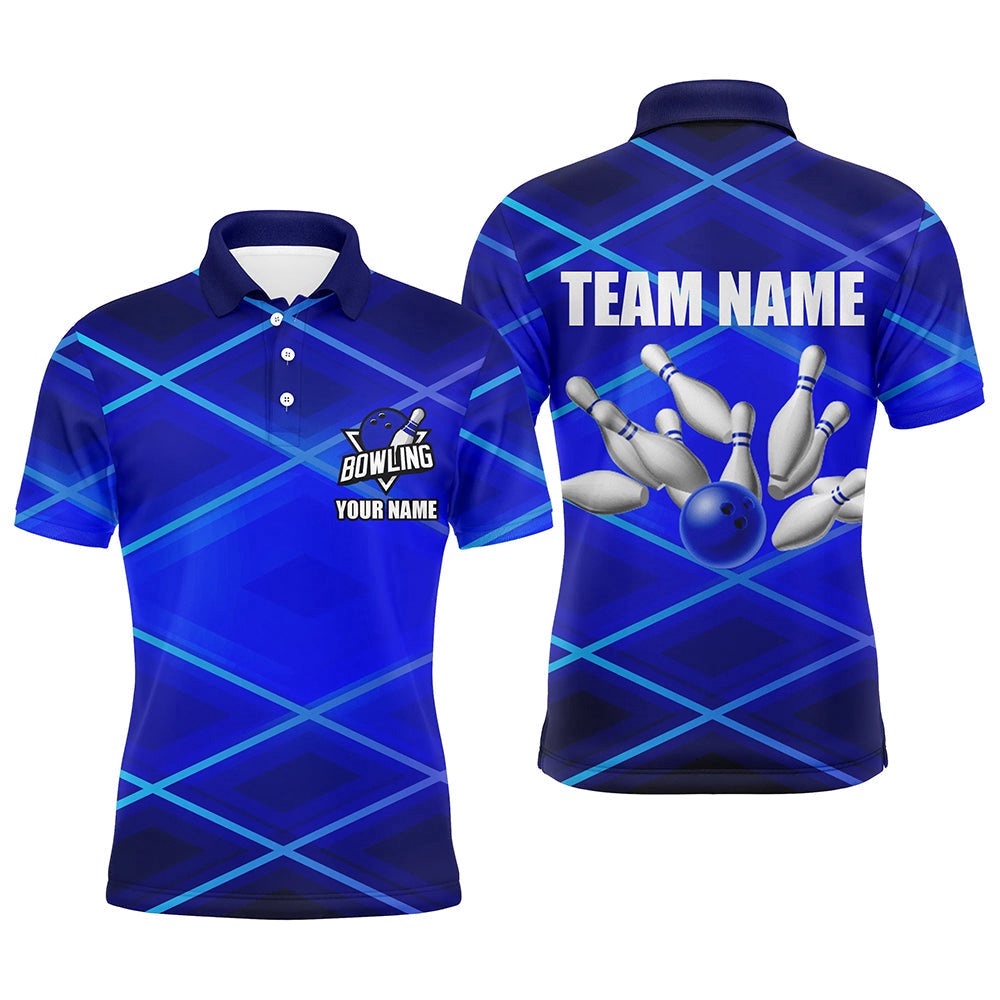 Mens Bowling Polo, Zip Shirt Custom Neon Blue Bowling Team League Polo Shirt, Gifts For Bowlers, Personalized Bowling Team Shirt