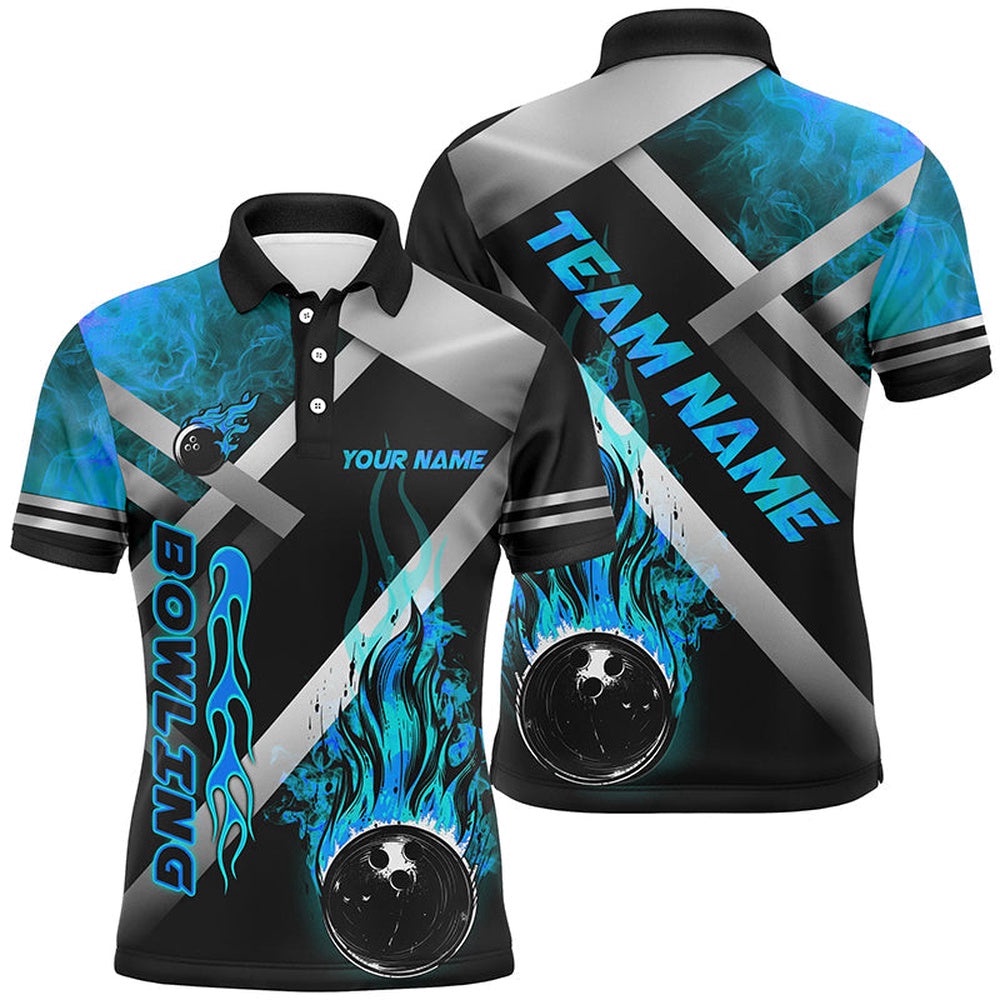 Mens Bowling Shirts Custom Black Bowling Ball Flame Bowling Team Polo Shirt, Gift For Bowlers Blue, Personalized Bowling Team Shirt Mens Bowling Shirts Custom Black Bowling Ball Flame Bowling Team Polo Shirt, Gift For Bowlers Blue, Personalized Bowling Team Shirt