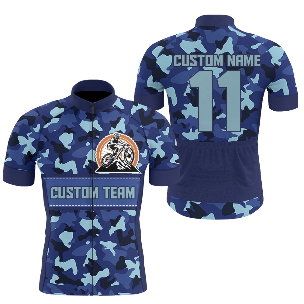 Mens Cycling Jersey With 3 Pockets Blue Camo Anti Uv Motocross Road Shirt Mountain Bike Gear, Custom Mono Cycling Jersey Mens Cycling Jersey With 3 Pockets Blue Camo Anti Uv Motocross Road Shirt Mountain Bike Gear, Custom Mono Cycling Jersey
