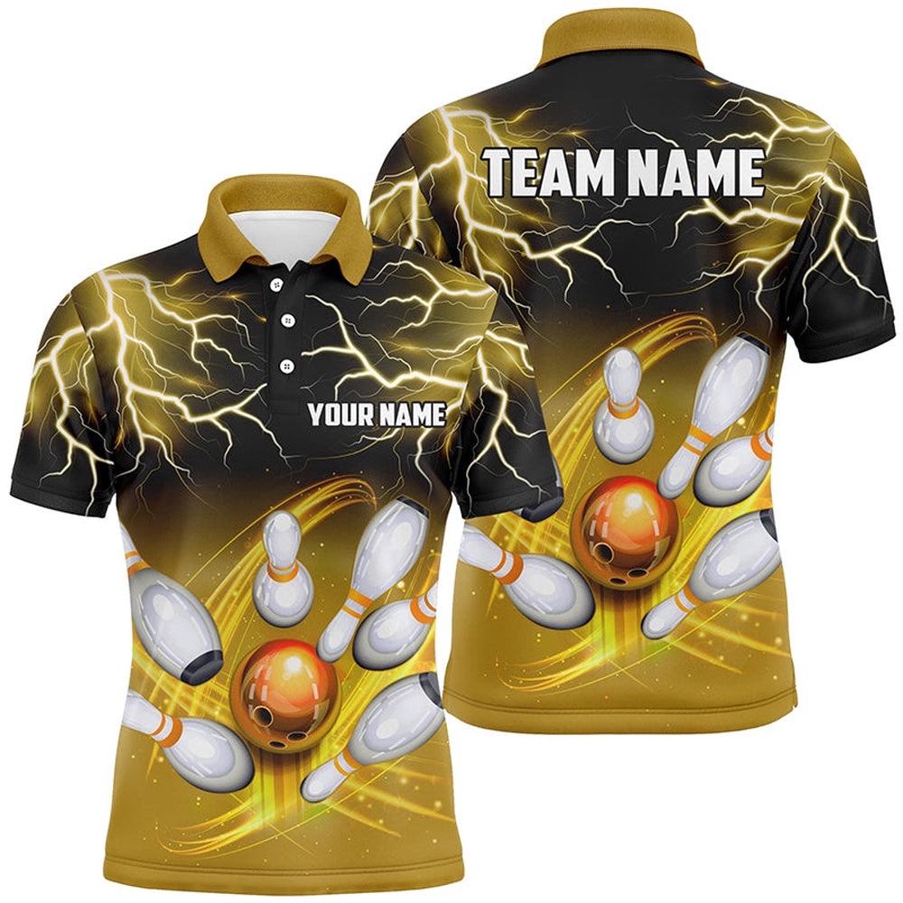 Mens Polo Bowling Shirt Custom Black Yellow Bowling Lightning Thunder Team Bowling League Polo Shirt, Personalized Bowling Team Shirt Mens Polo Bowling Shirt Custom Black Yellow Bowling Lightning Thunder Team Bowling League Polo Shirt, Personalized Bowling Team Shirt