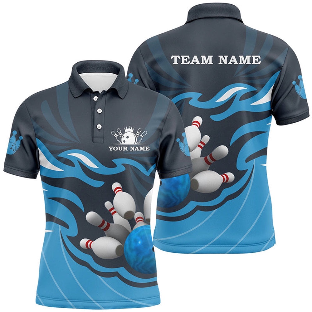 Mens Polo Bowling Shirt Custom Bowling Ball Pins Team League Polo Shirt, Bowling Gifts Blue, Personalized Bowling Team Shirt