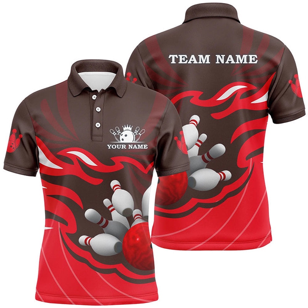 Mens Polo Bowling Shirt Custom Bowling Ball Pins Team League Polo Shirt, Bowling Gifts Red, Personalized Bowling Team Shirt