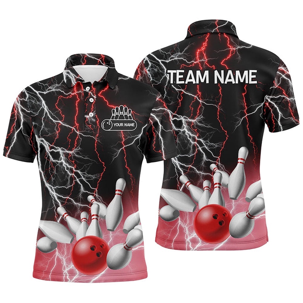 Mens Polo Bowling Shirt Custom Bowling Red Lightning Thunder Team League Polo Shirt, Personalized Bowling Team Shirt