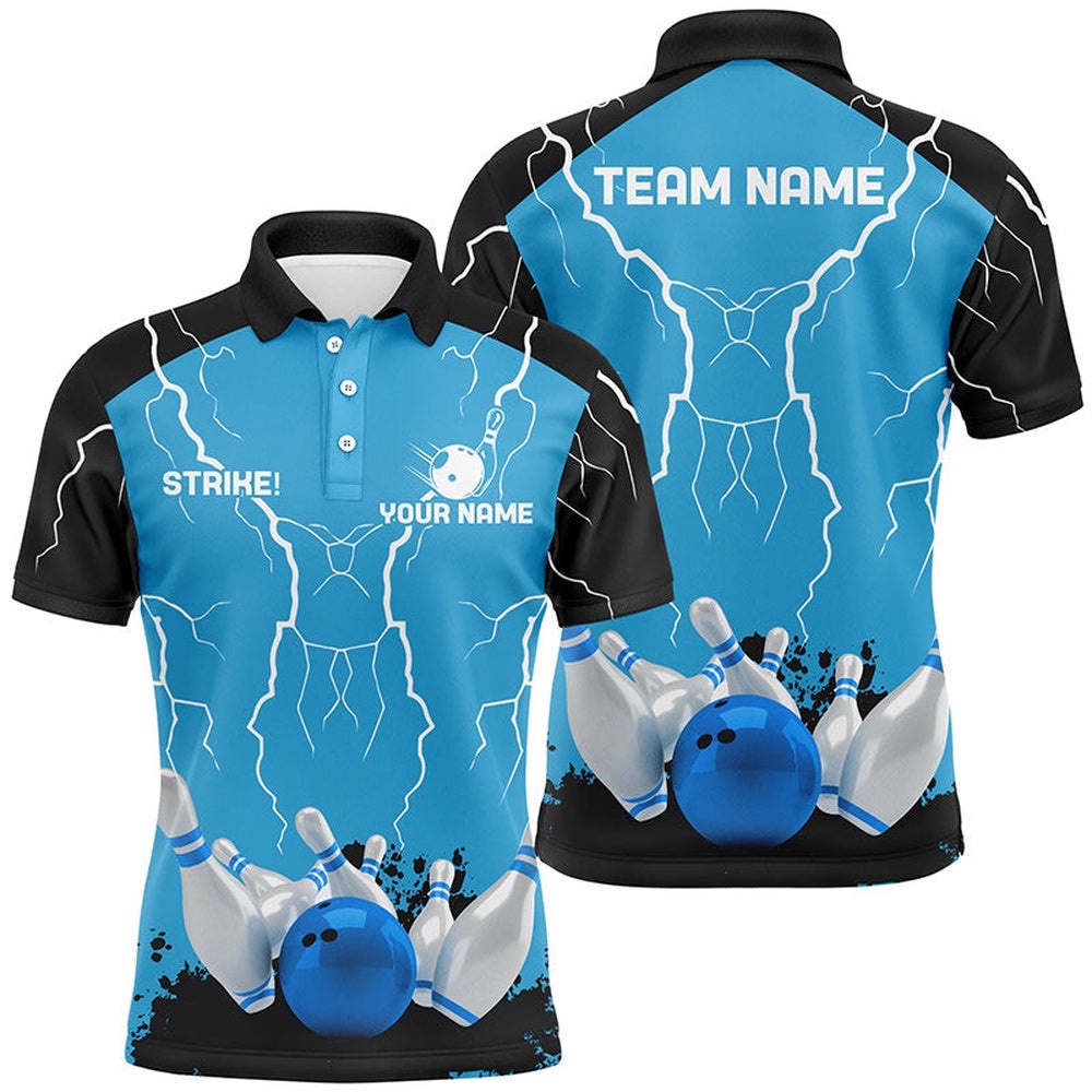 Mens Polo Bowling Shirt Custom Bowling Strike Lightning Storm Thunder Team League Polo Shirt Blue, Personalized Bowling Team Shirt