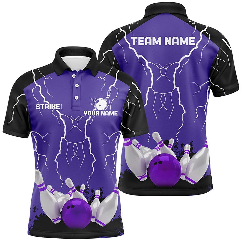 Mens Polo Bowling Shirt Custom Bowling Strike Lightning Storm Thunder Team League Polo Shirt Purple, Personalized Bowling Team Shirt