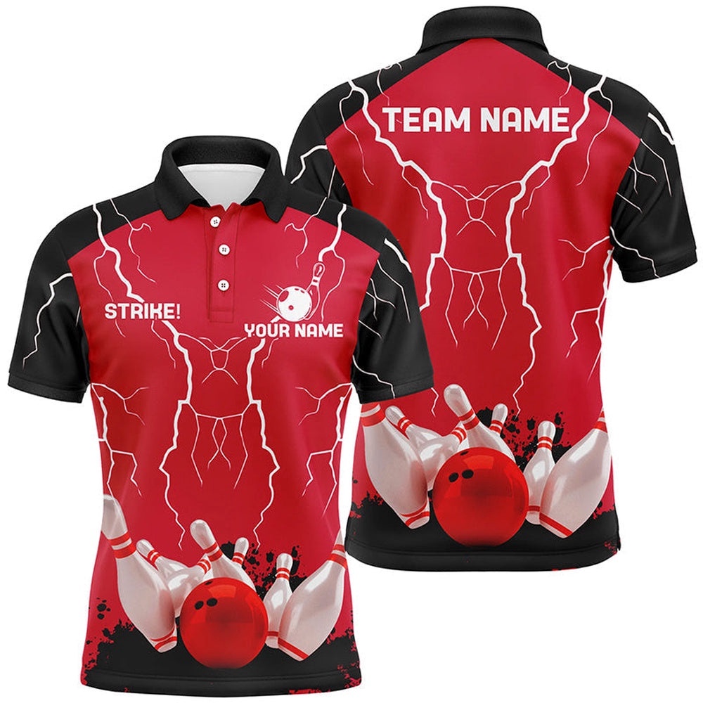 Mens Polo Bowling Shirt Custom Bowling Strike Lightning Storm Thunder Team League Polo Shirt Red, Personalized Bowling Team Shirt