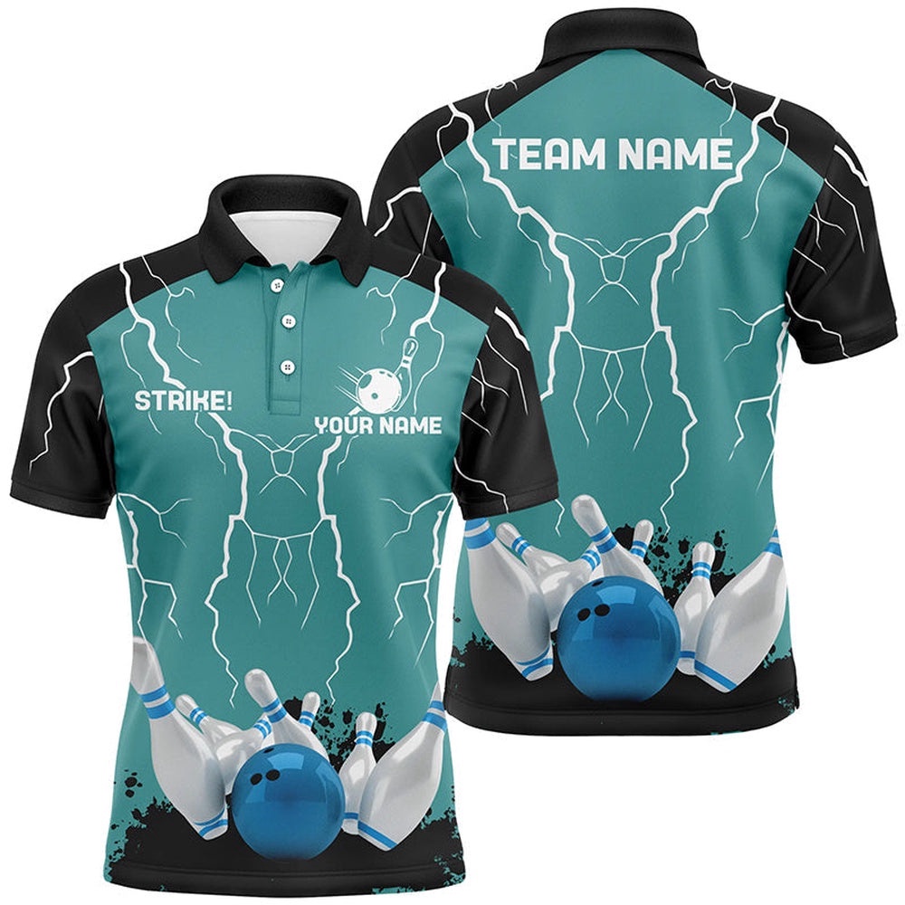 Mens Polo Bowling Shirt Custom Bowling Strike Lightning Storm Thunder Team League Polo Shirt Turquoise, Personalized Bowling Team Shirt Mens Polo Bowling Shirt Custom Bowling Strike Lightning Storm Thunder Team League Polo Shirt Turquoise, Personalized Bowling Team Shirt