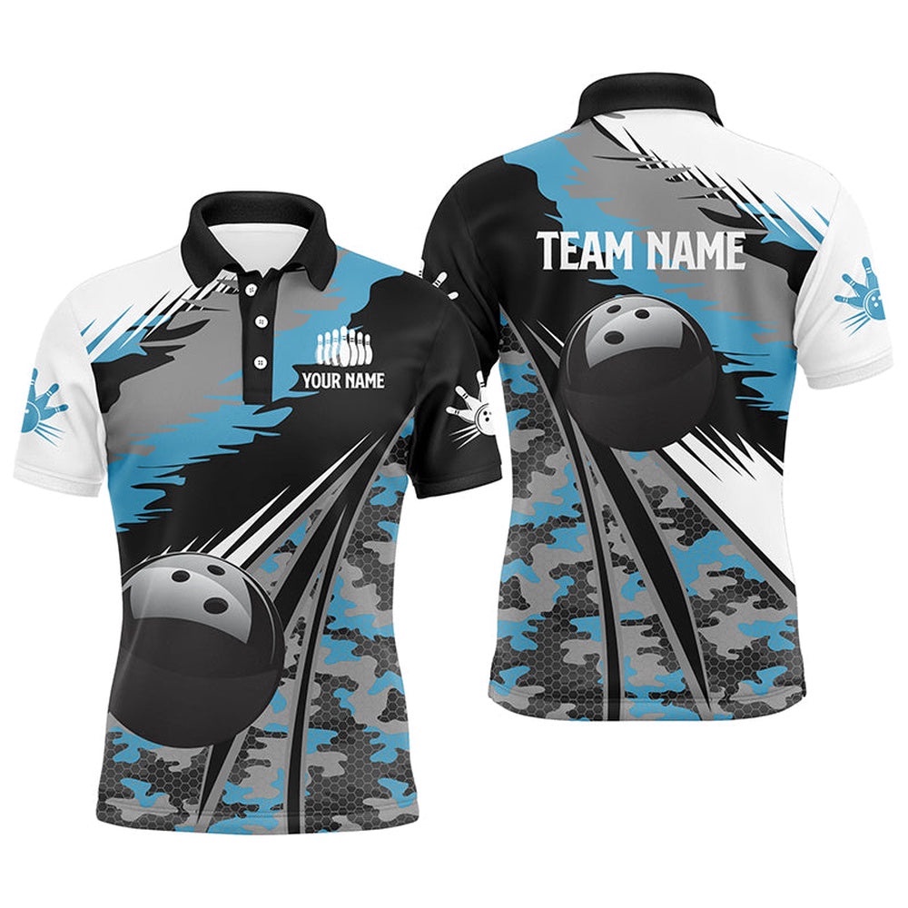 Mens Polo Bowling Shirts Custom Black Ball Blue Camo Bowling Team Polo Shirt, Gift For Bowlers, Personalized Bowling Team Shirt Mens Polo Bowling Shirts Custom Black Ball Blue Camo Bowling Team Polo Shirt, Gift For Bowlers, Personalized Bowling Team Shirt