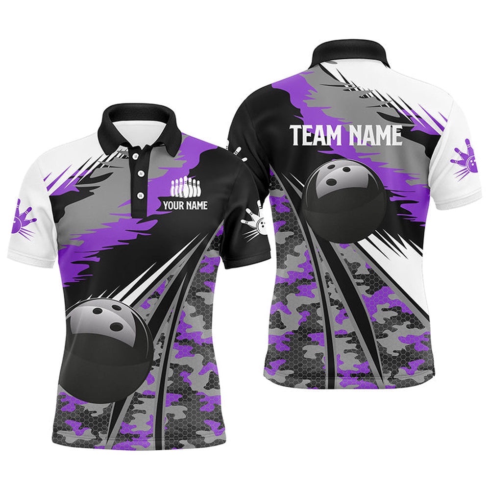Mens Polo Bowling Shirts Custom Black Ball Purple Camo Bowling Team Polo Shirt, Gift For Bowlers, Personalized Bowling Team Shirt Mens Polo Bowling Shirts Custom Black Ball Purple Camo Bowling Team Polo Shirt, Gift For Bowlers, Personalized Bowling Team Shirt
