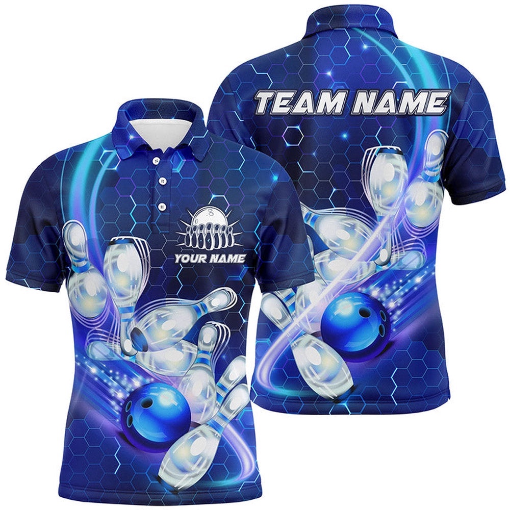 Mens Polo Bowling Shirts Custom Blue Light Bowling Ball Pins Hexagon Pattern Bowling Team Polo Shirt, Personalized Bowling Team Shirt