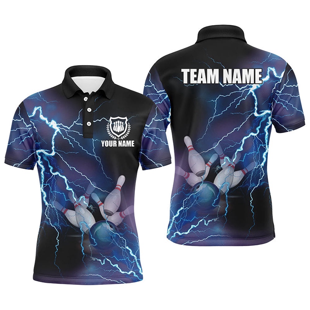 Mens Polo Bowling Shirts Custom Blue Lightning Thunder Bowling Team Polo Shirt, Gift For Team Bowlers, Personalized Bowling Team Shirt
