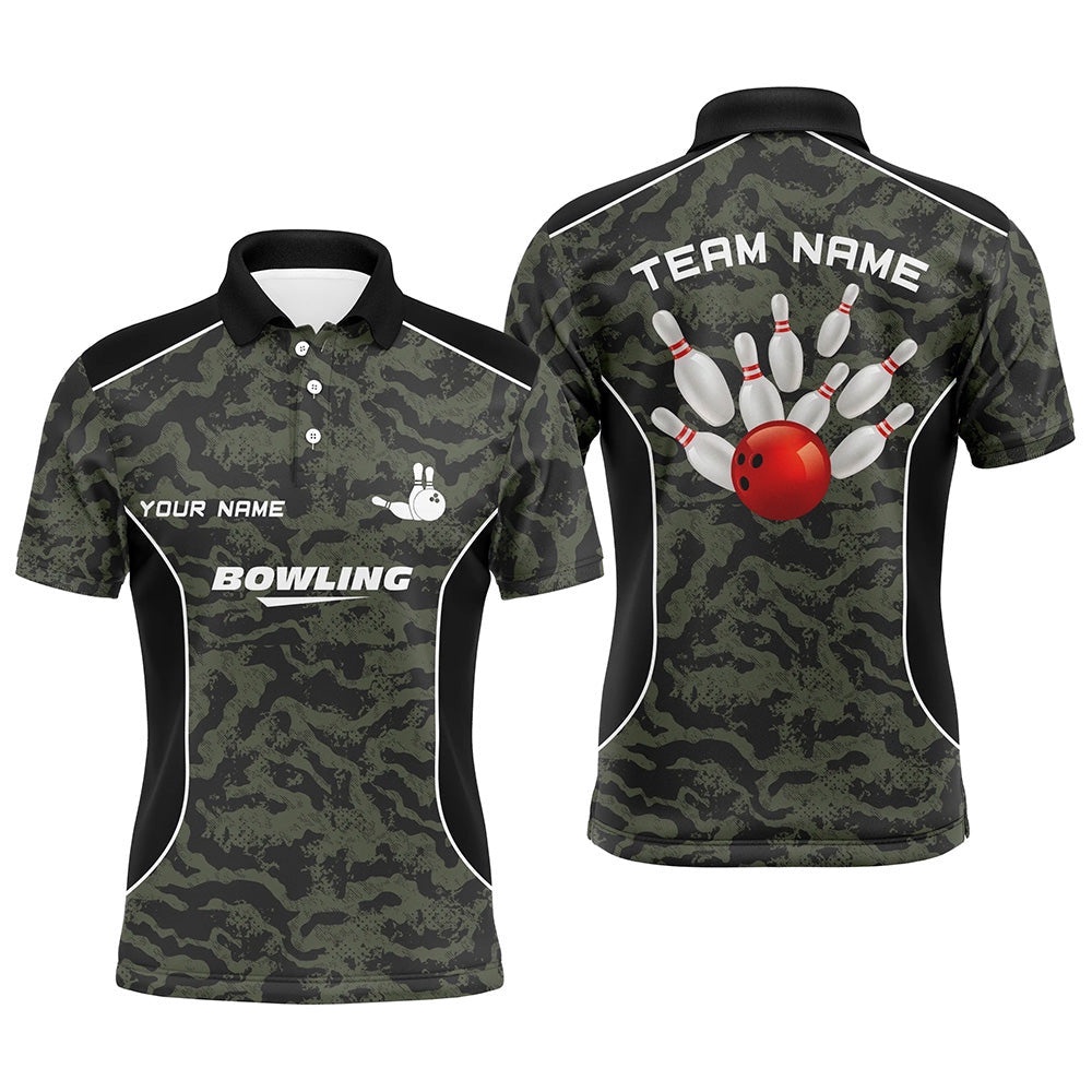 Mens Polo Bowling Shirts Custom Bowling Ball And Pins Camo Bowling Team Polo Shirt For Men, Personalized Bowling Team Shirt
