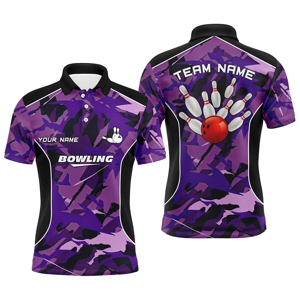 Mens Polo Bowling Shirts Custom Bowling Ball And Pins Purple Camo Bowling Team Polo Shirt For Men, Personalized Bowling Team Shirt Mens Polo Bowling Shirts Custom Bowling Ball And Pins Purple Camo Bowling Team Polo Shirt For Men, Personalized Bowling Team Shirt