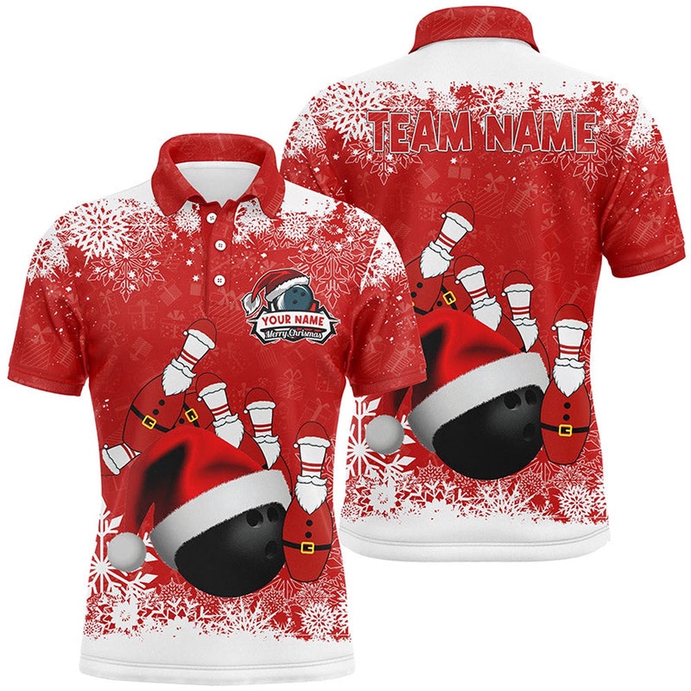 Mens Polo Bowling Shirts Custom Christmas Snowflake Bowling Ball Bowling Team League Polo Shirt, Personalized Bowling Team Shirt
