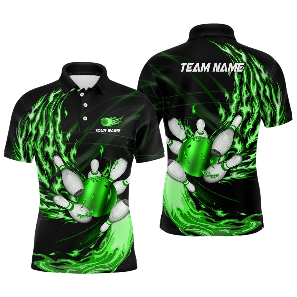 Mens Polo Bowling Shirts Custom Green Flame Bowling Ball And Pins Team League Bowler Polo Shirt, Personalized Bowling Team Shirt
