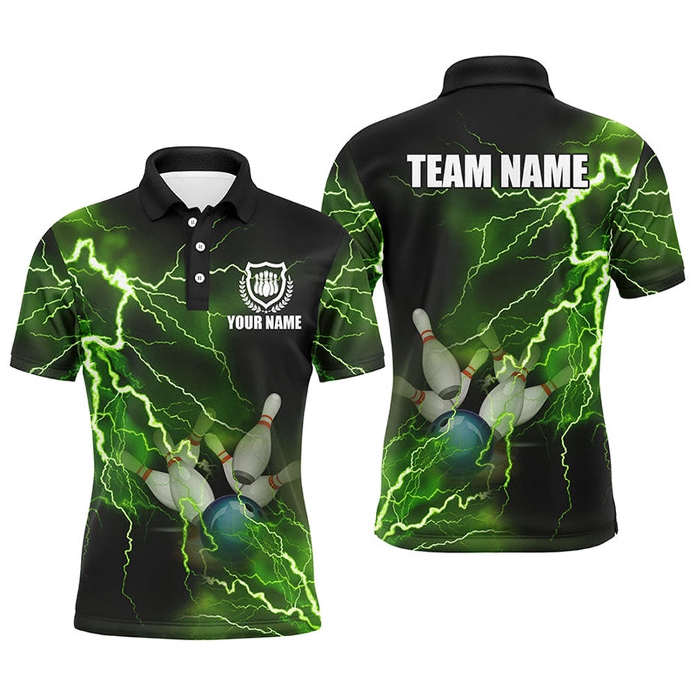 Mens Polo Bowling Shirts Custom Green Lightning Thunder Bowling Team Polo Shirt, Gift For Team Bowlers, Personalized Bowling Team Shirt