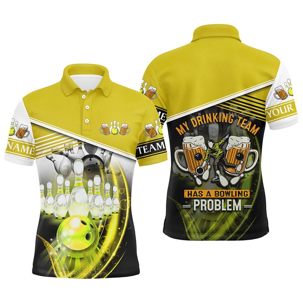 Mens Polo Bowling Shirts Custom My Drinking Team Has A Bowling Problem Team League Polo Shirt Yellow, Personalized Bowling Team Shirt