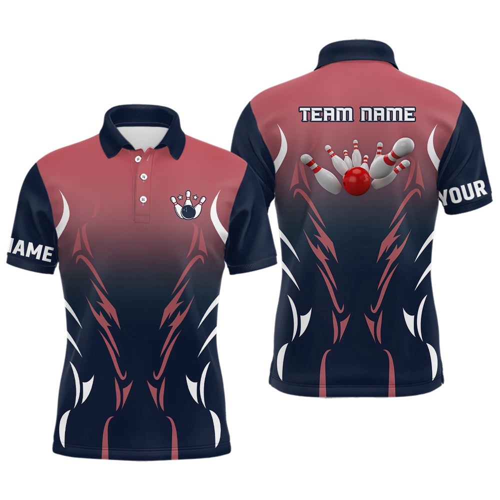 Mens Polo Bowling Shirts Custom Navy And Red Retro Bowling Team Shirts, Custom Bowling Polo Shirt, Personalized Bowling Team Shirt