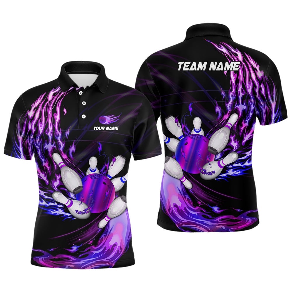 Mens Polo Bowling Shirts Custom Purple Flame Bowling Ball And Pins Team League Bowler Polo Shirt, Personalized Bowling Team Shirt