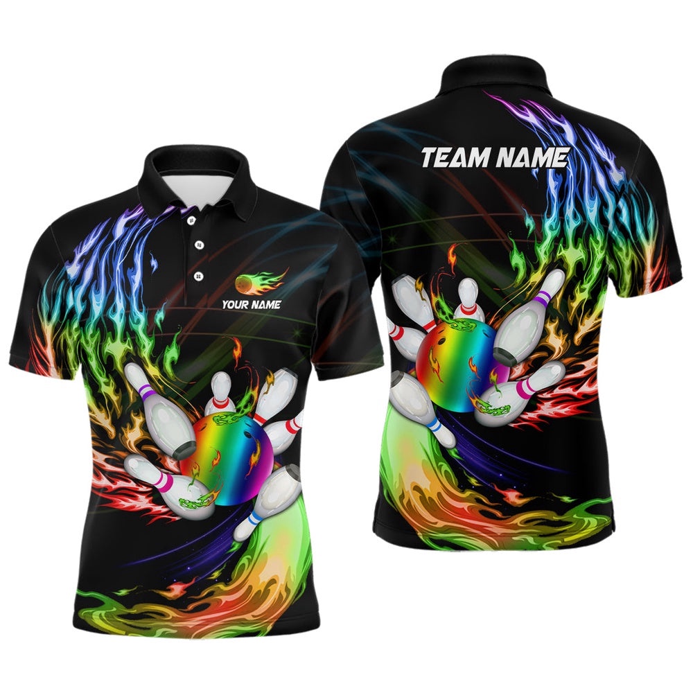 Mens Polo Bowling Shirts Custom Rainbow Flame Bowling Ball And Pins Team League Bowler Polo Shirt, Personalized Bowling Team Shirt