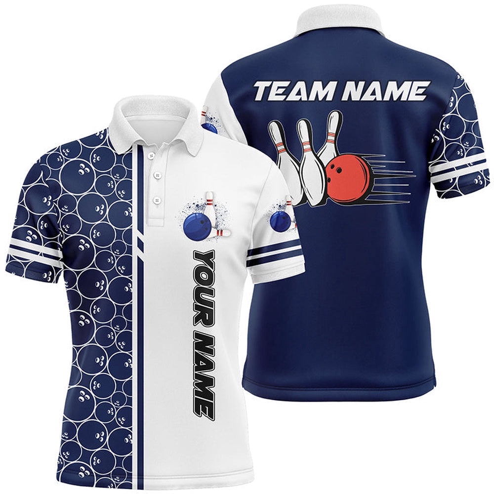 Mens Polo Bowling Shirts Custom White And Blue Camo Vintage Bowling Shirts, Men Bowling Polo Shirt, Personalized Bowling Team Shirt