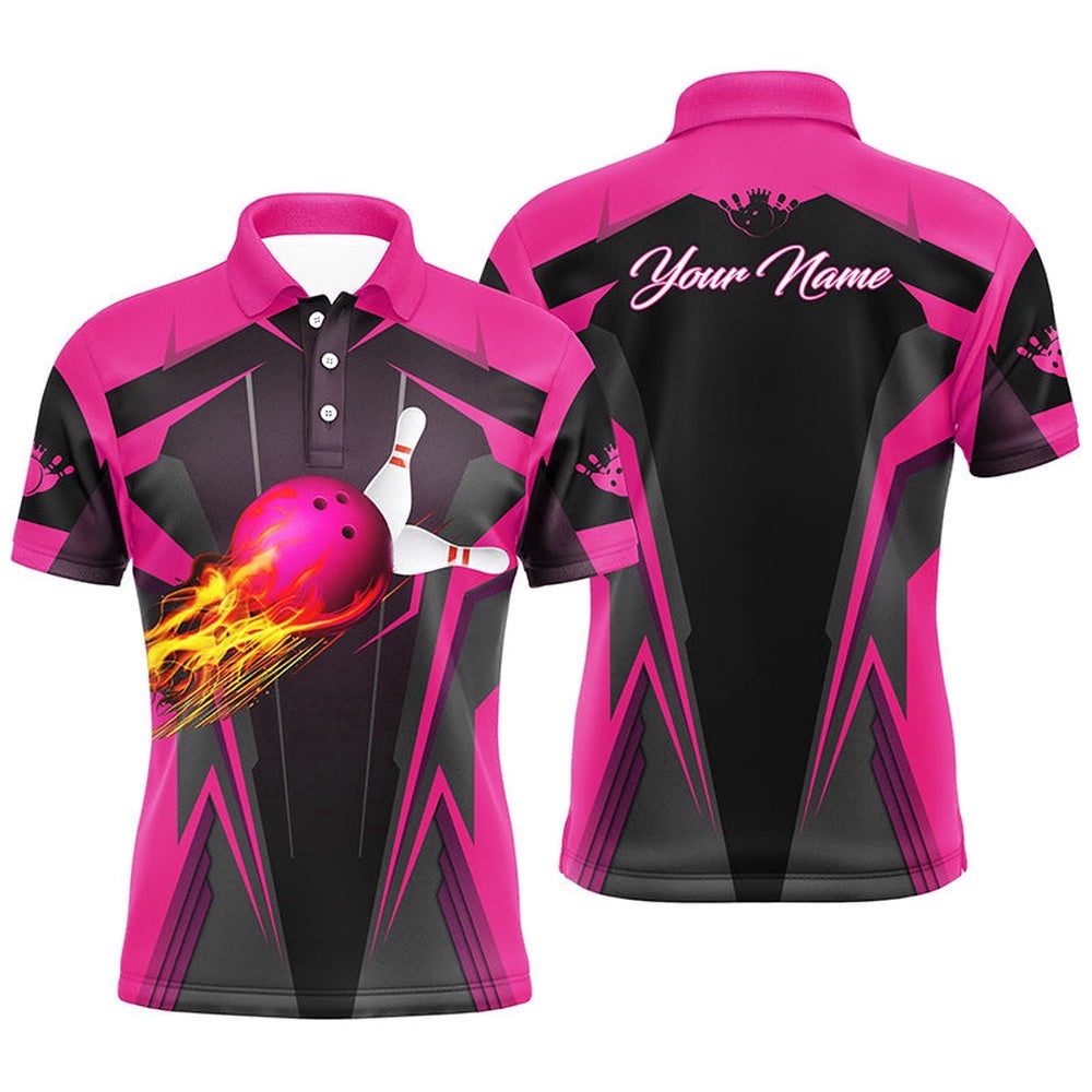 Mens Polo Shirt Flame Bowling Ball Pins, Bowling Polo Shirt For Bowlers Pink, Personalized Bowling Team Shirt Mens Polo Shirt Flame Bowling Ball Pins, Bowling Polo Shirt For Bowlers Pink, Personalized Bowling Team Shirt