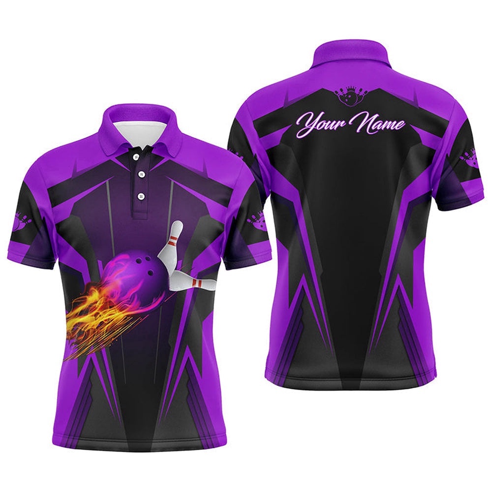 Mens Polo Shirt Flame Bowling Ball Pins, Bowling Polo Shirt For Bowlers Purple, Personalized Bowling Team Shirt Mens Polo Shirt Flame Bowling Ball Pins, Bowling Polo Shirt For Bowlers Purple, Personalized Bowling Team Shirt