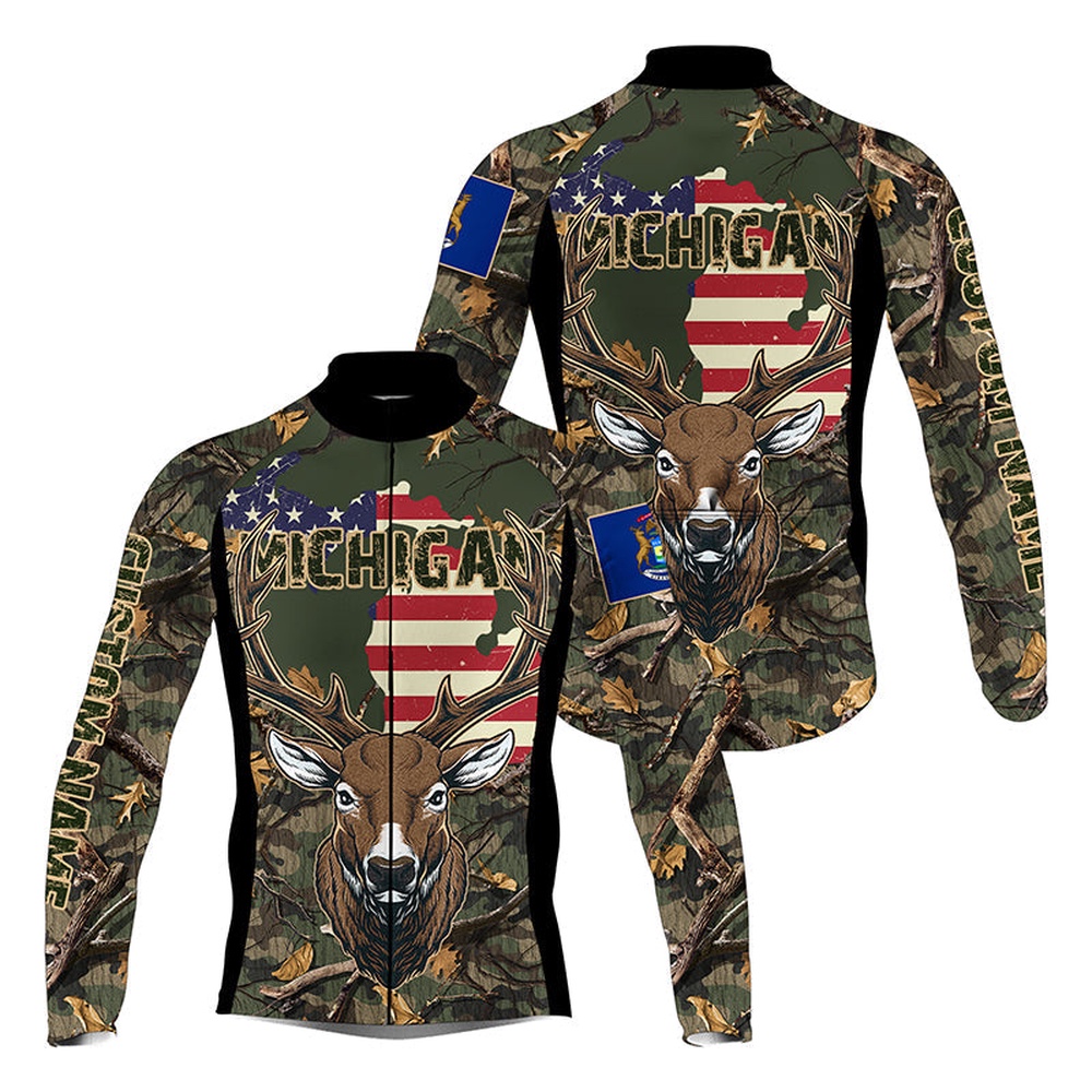 Michigan Cycling Jersey Men Women With 3 Pockets Custom Name Camouflage Deer Bike Shirts, Custom Mono Cycling Jersey